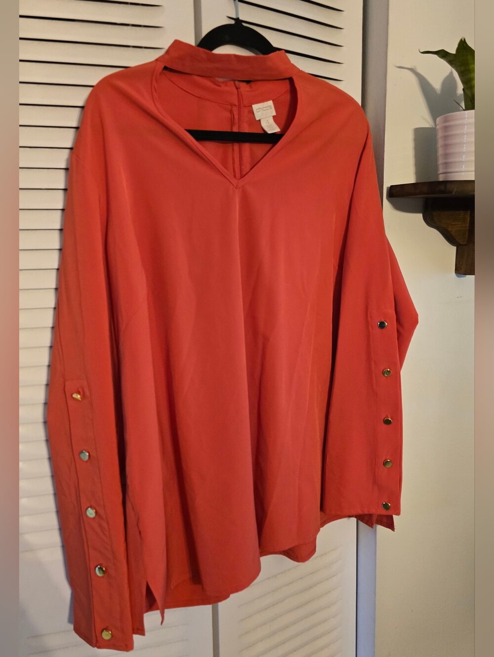 Chico's Coral Long-Sleeve V-Neck Blouse with Button Cuffs